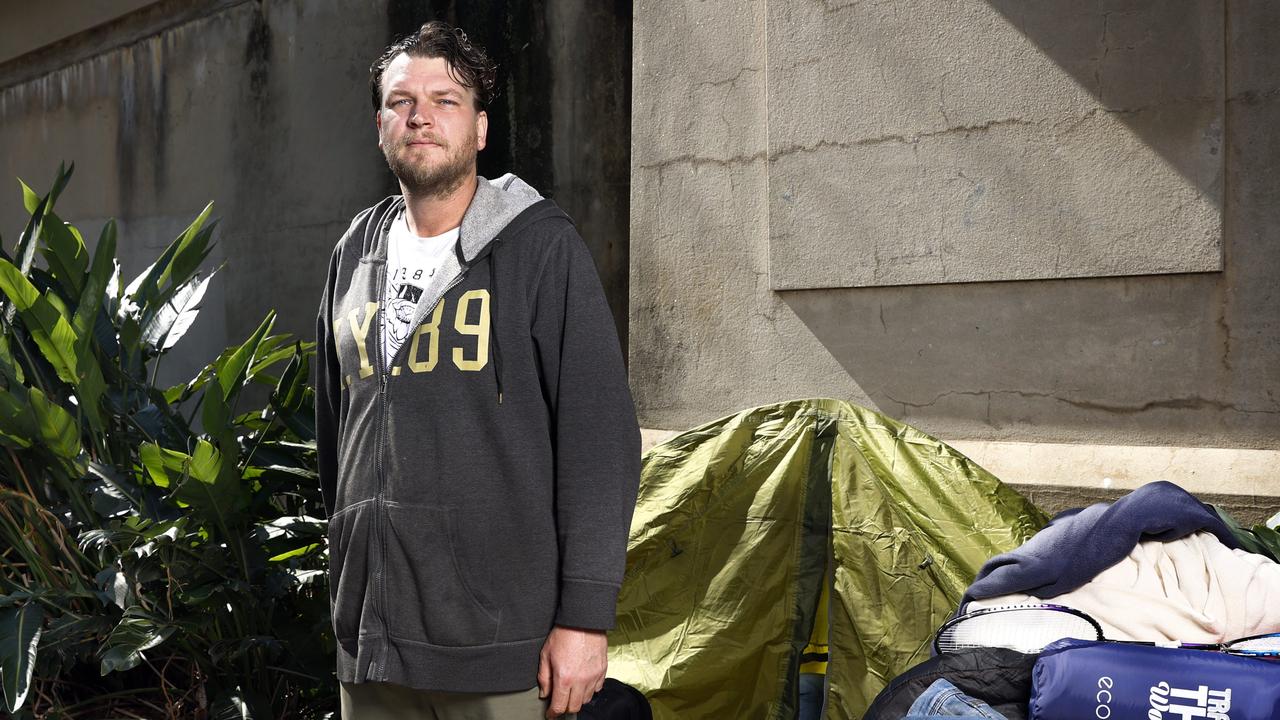 33-year-old homeless man Thomas Hardy-Burstow said he’s been sleeping rough for some months and has recently moved to a spot at Bradfield Park at Milsons Point having left Bondi due to safety concerns. Picture: Richard Dobson