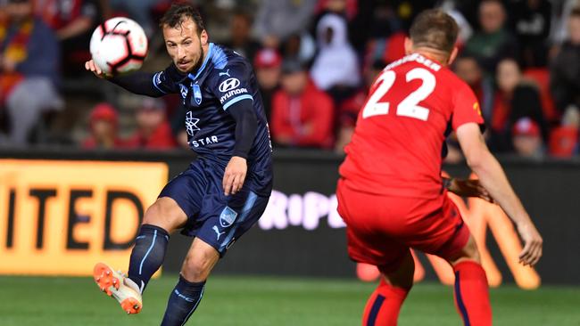Sydney FC’s Adam le Fondre tries his luck against Adelaide United at Coopers Stadium last night. Picture: AAP