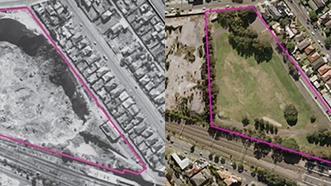 Kempt Field site in 1956 (left) and 2019 (right). Picture: NSW Property and Development