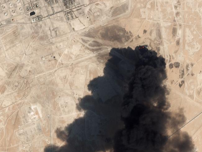 This satellite overview handout image obtained September 16, 2019 courtesy of Planet Labs Inc.  shows damage to oil/gas infrastructure from weekend drone attacks at Abqaig on September 14 2019 in Saudi Arabia. - Drone attacks on key Saudi oil facilities have halved crude output from OPEC's biggest exporter, catapulting oil prices by the largest amount since the first Gulf War. The crisis has focused minds on unrest in the crude-rich Middle East, with Tehran denying Washington's charge that it was responsible.Brent oil prices leapt 20 percent on Monday to chalk up the biggest intra-day daily gain since 1991. (Photo by HO / PLANET LABS INC. / AFP) / RESTRICTED TO EDITORIAL USE - MANDATORY CREDIT "AFP PHOTO / Planet Labs Inc. / HO" - NO MARKETING NO ADVERTISING CAMPAIGNS - DISTRIBUTED AS A SERVICE TO CLIENTS == NO ARCHIVE