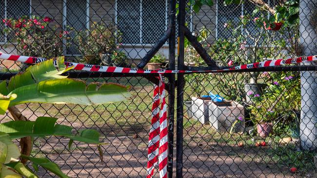 NT Police is investigating the shooting deaths of two Top End residents in Millner and Karama. Pictured is the crime scene established on Spriggs St, Millner. Picture: Pema Tamang Pakhrin