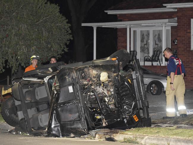 A black Jeep Wrangler crahsed in Permanent Ave Earlwood. Picture: Gordon McComiskie