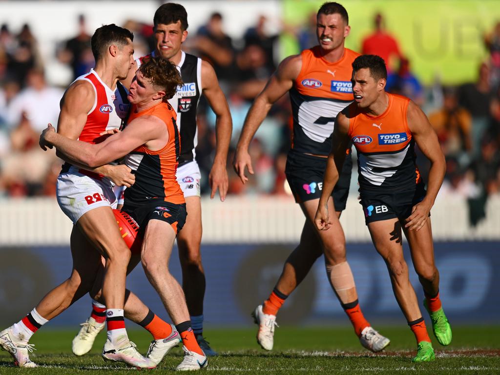 Tom Green tackles Jack Steele. Picture: Morgan Hancock/Getty Images