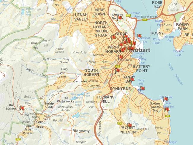 The locations of food vendor vans around Hobart range from The Springs to Long Beach to the Queens Domain. Image: HCC