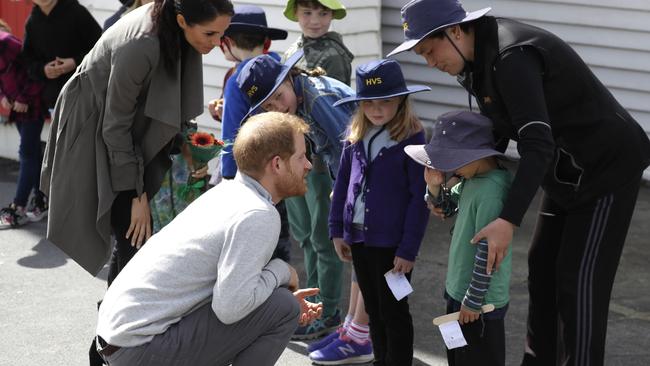 Prince Harry talks to Joe Young in Wellington, New Zealand. Picture: AP