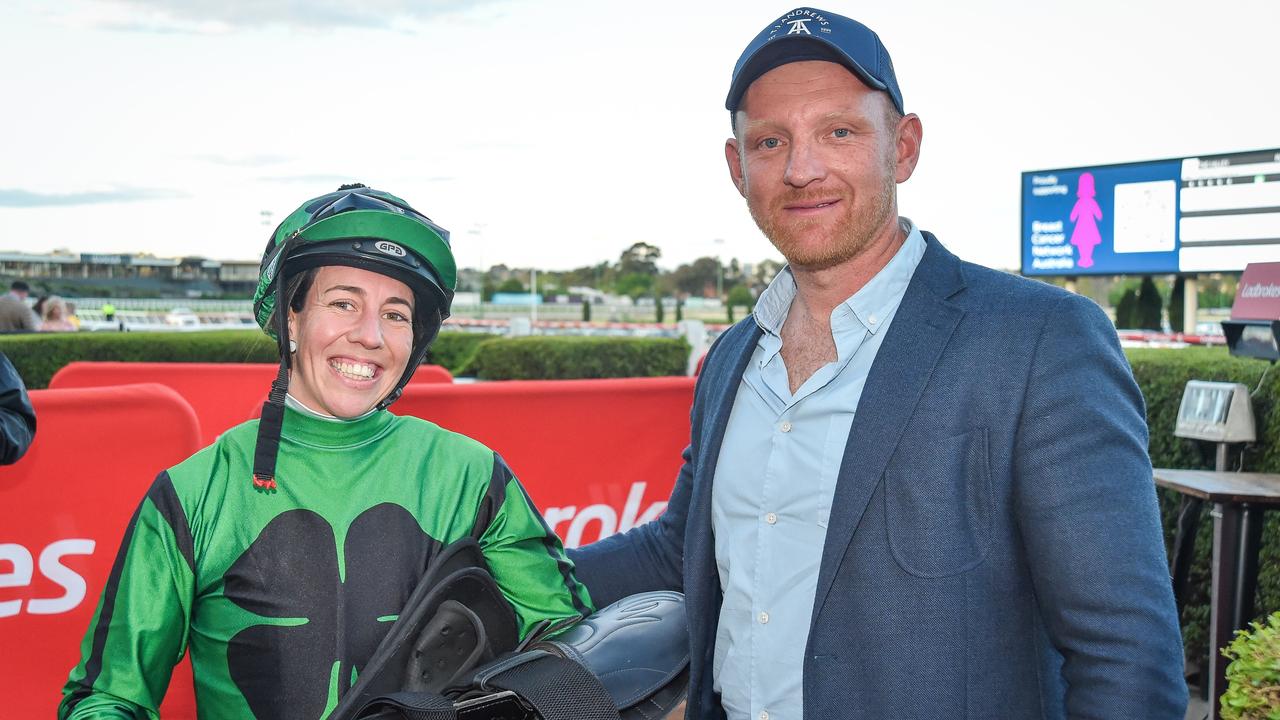 Carleen Hefelwith Trevor J Andrews after I Am War won the Pink Lady Handicap at Moonee Valley Racecourse on September 30, 2022 in Moonee Ponds, Australia. (Photo by Reg Ryan/Racing Photos)