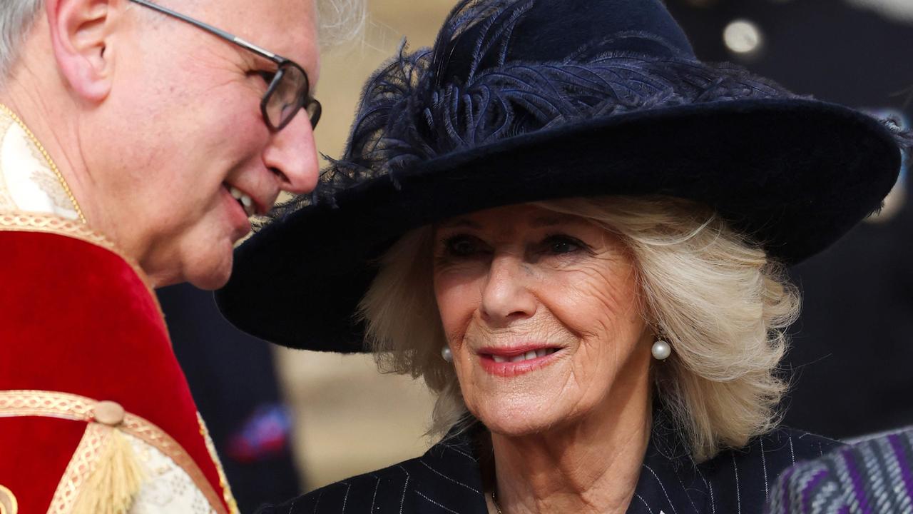 Queen Camilla arrives for the thanksgiving service for the life of King Constantine of the Hellenes, at St George's Chapel at Windsor Castle. Picture: AFP