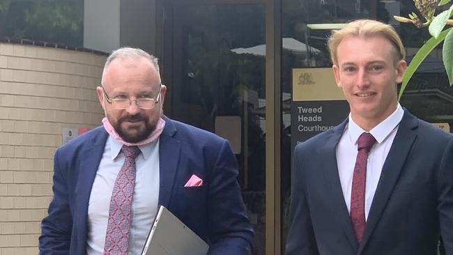 Defence lawyer Campbell MacCallum with his client, Tate Robinson (right) leaving Tweed Heads Local Court on Monday, October 25, 2021 after pleading guilty to his charges.