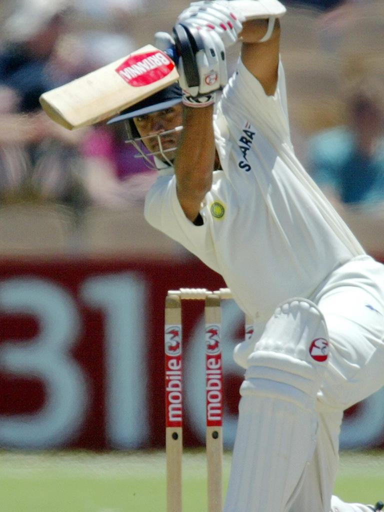 Dravid drives to the boundary in Adelaide.