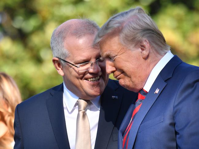 *This picture has been selected as one of the Best of the Year News images for 2019* United States President Donald Trump and Australia's Prime Minister Scott Morrison at a ceremonial welcome on the south lawn of the White House in Washington DC, United States, Friday, September 20, 2019. (AAP Image/Mick Tsikas) NO ARCHIVING