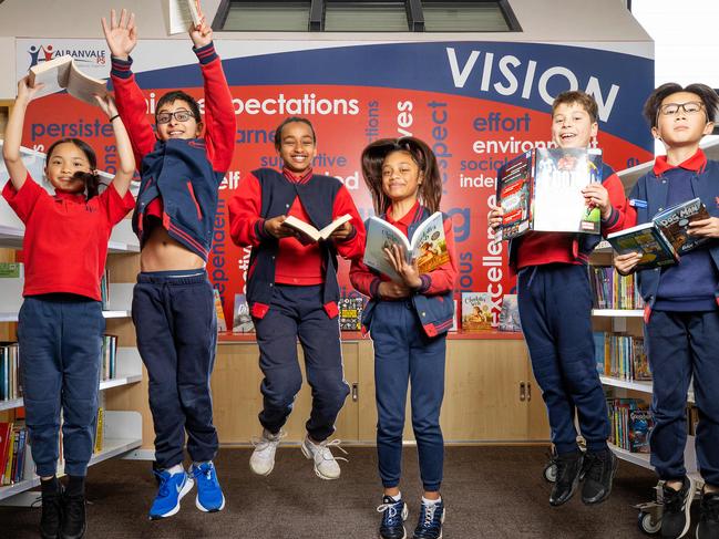 Albanvale Primary School students Katrina, 11, Karan, 10, Hermela, 10, Ana, 11, Ari, 11, Lucas, 10, are happy with their reading results. Picture: Mark Stewart