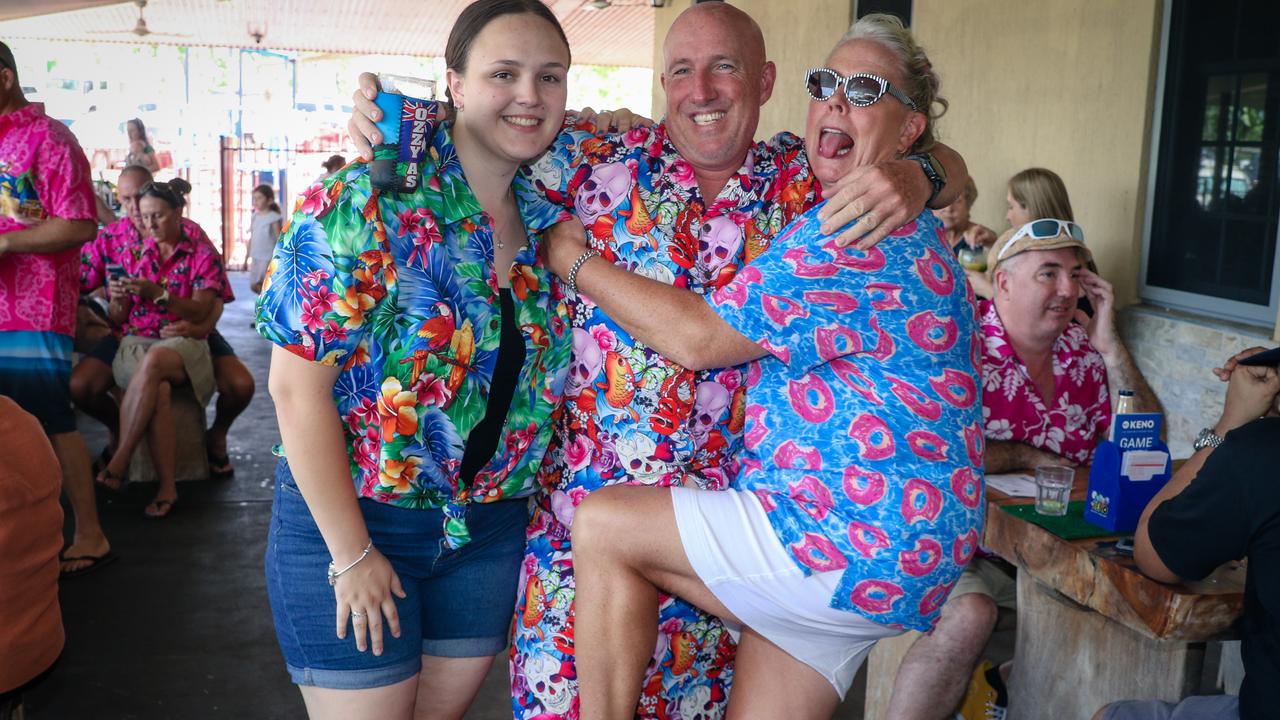 Sue Cross, Ashleigh Williams and Lance Fountain At Berry Springs Croc Races celebrating the Melbourne Cup Picture: Glenn Campbell