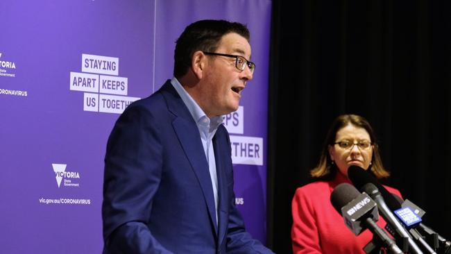 Victorian Premier Daniel Andrews and Victorian Health Minister Jenny Mikakos speak to the media on Saturday, announcing COVID restrictions coming back into effect.