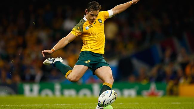 CARDIFF, WALES - SEPTEMBER 23: Bernard Foley of Australia kicks at goal during the 2015 Rugby World Cup Pool A match between Australia and Fiji at the Millennium Stadium on September 23, 2015 in Cardiff, United Kingdom. (Photo by Laurence Griffiths/Getty Images)