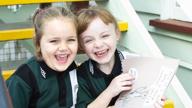 Caboolture State School prep students are back at school after COVID-19 restrictions are eased. Lacey and Khatanah-Rose are happy to be back at school June 17, 2020. Picture: Renae Droop