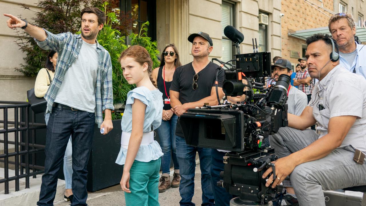 Jack Whitehall with his junior co-star Darby Camp, and director Walt Becker on the set of Clifford the Big Red Dog. Picture: KC Bailey.