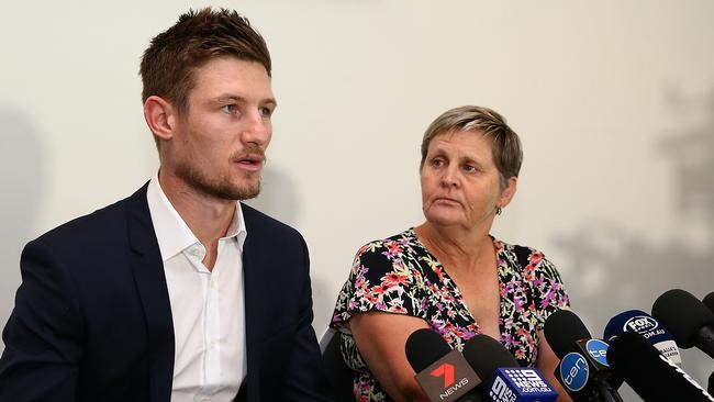 Banned Test cricketer Cameron Bancroft at his press conference in Perth on Thursday evening. Next to him is Western Australian Cricket Association CEO Christina Matthews.