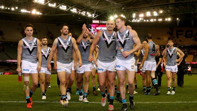 The Power celebrate after their win over Essendon Bombers at Marvel Stadium. Picture: AAP Image/Mark Dadswell