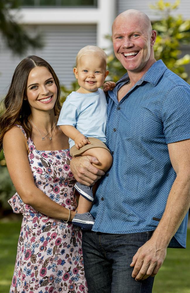 Entertainer and former Hi-5 performer Lauren Brant with her partner former AFL player Barry Hall with their son Miller Hall, 1. Picture: Jerad Williams