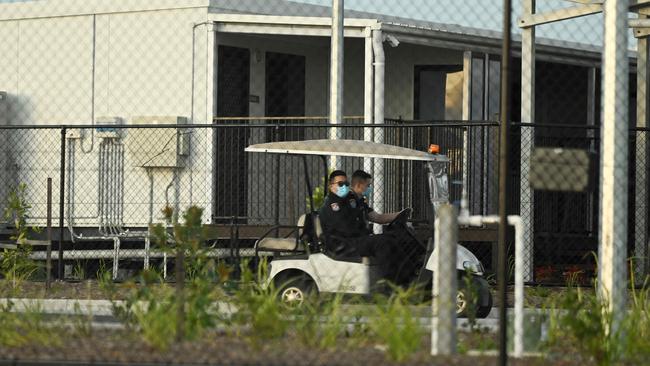 Security workers patrol the near-empty Covid quarantine facility near Wellcamp airport just outside Toowoomba, Queensland, on Tuesday. Picture: Lyndon Mechielsen