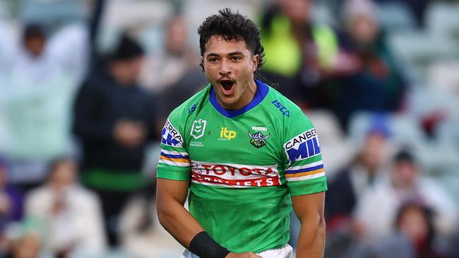 Xavier Savage celebrates a try on Sunday afternoon. (Photo by Mark Nolan/Getty Images)