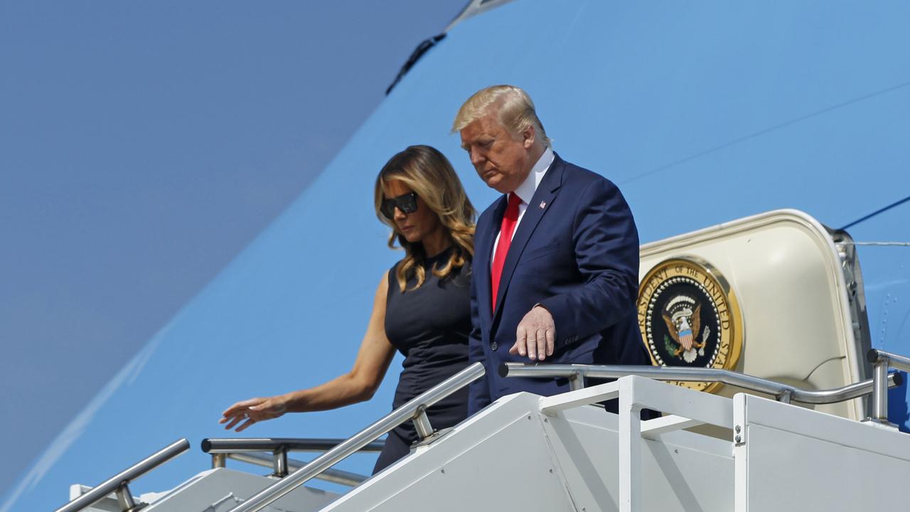 President Donald Trump and First Lady Melania Trump arrive at Wright-Patterson Air Force Base, Wednesday, Aug. 7, 2019, in Dayton, Ohio. Picture: Ty Greenlees/Dayton Daily News via AP.