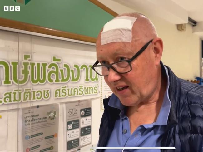 British passenger Jerry, speaks to the media about his experience as severe turbulence hit a London to Singapore flight that killed one man and injured dozens more. Picture: BBC