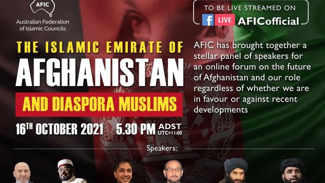 An invitation to a forum on Afghanistan held by the Australian Federation of Islamic Councils, featuring members of the Taliban.