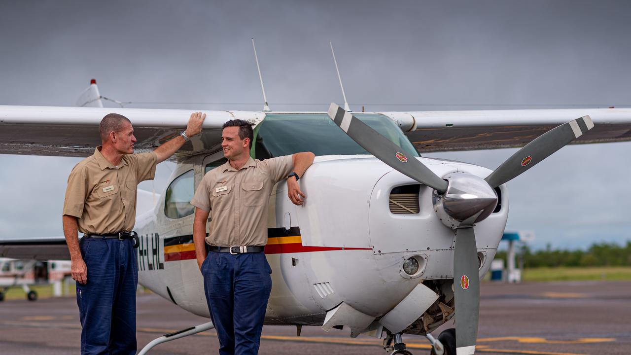 Kakadu Air co-owner Cameron Marchant chats to Senior base pilot at Jabiru, Matthew Lynch. Picture: Che Chorley