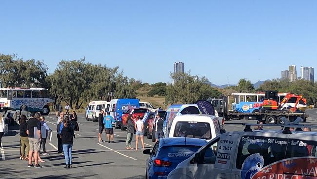 Gold Coast tourism operators gather for a protest against the ongoing border closure. Picture: Kyle Wisniewski.