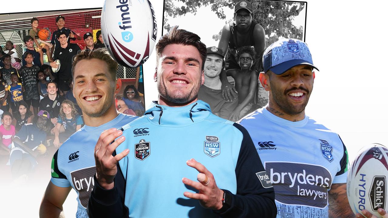 NSW player Angus Crichton (middle) is helping to inspire teammates Cameron Murray and Josh Addo-Carr.