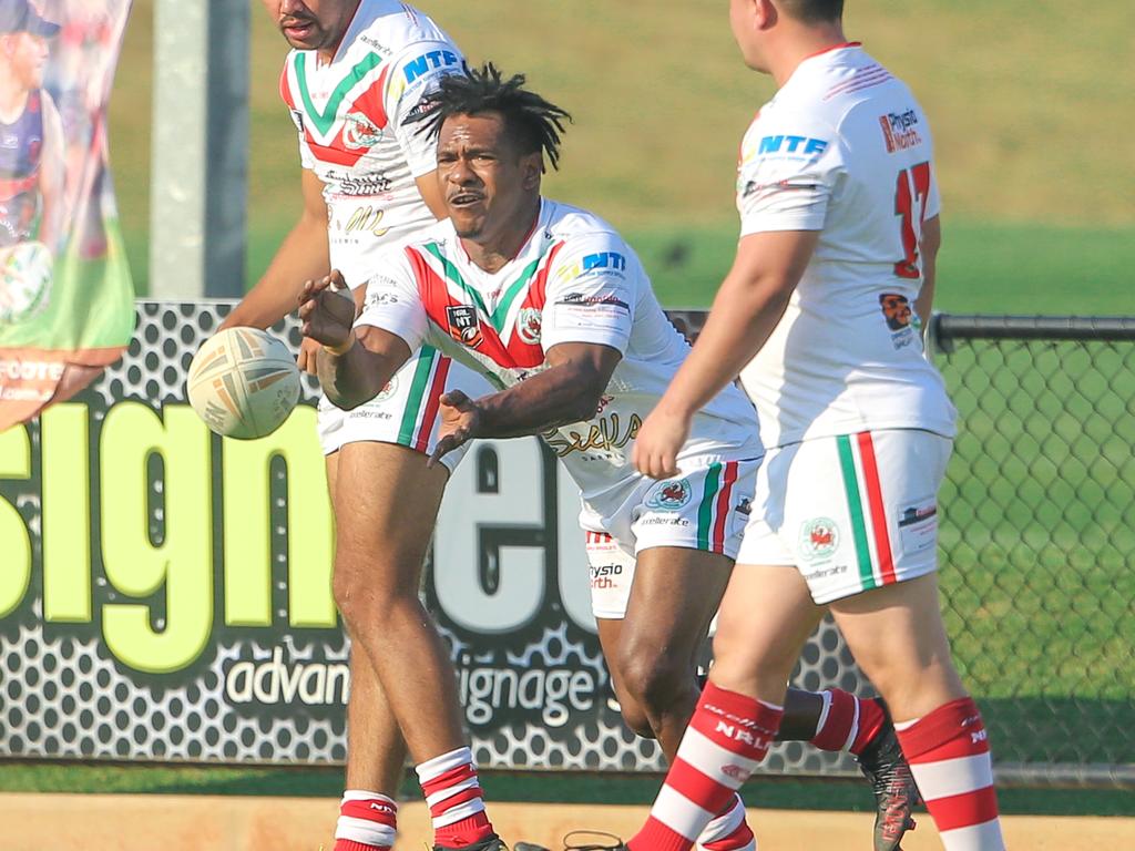 Nightcliff’s Yowanie throws the ball in the NRL NT A-Grade match between Nightcliff Dragons and Palmerston Raiders. Picture: Glenn Campbell