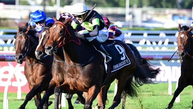 Think About It cruises to victory in the Group 1 Stradbroke Handicap under jockey Sam Clipperton, for trainer Joe Pride. Picture: Grant Peters - Trackside Photography