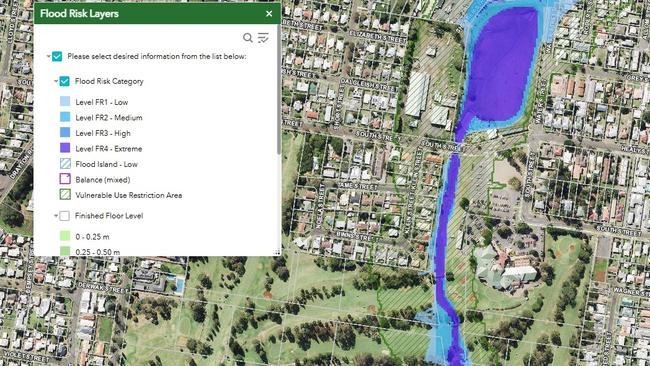 Toowoomba Regional Council flood mapping showing the potential flooding near the City Golf Club.