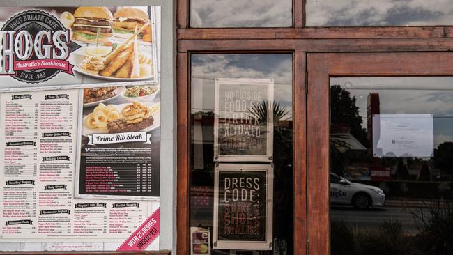 Liquidation notices can be seen on the front doors of Hog's Breath Steakhouse in Holden Hill on Wednesday, March 13, 2019. Pic: Morgan Sette