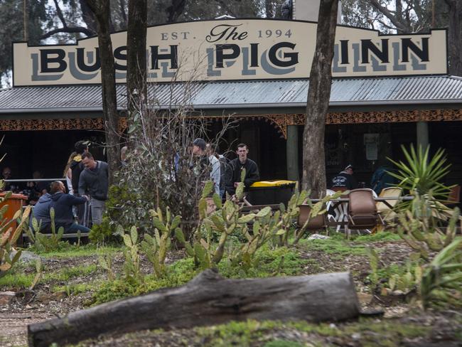 Members of the United Patriot Front's inner circle Chris Shortis, Blair Cottrell and Thomas Sewell at the Bush Pig Inn outside of Bendigo ahead of a UPF meeting. Picture: Eugene Hyland