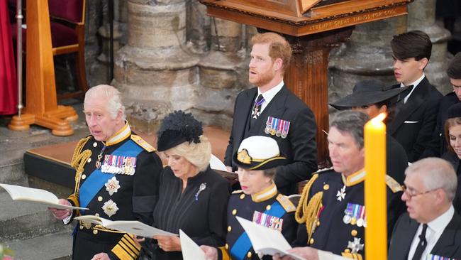 King Charles III, Camilla, Queen Consort, Princess Anne, Princess Royal, Prince Harry, Duke of Sussex and Meghan, Duchess of Sussex, during the State Funeral of Queen Elizabeth II at Westminster Abbey. Picture: Getty