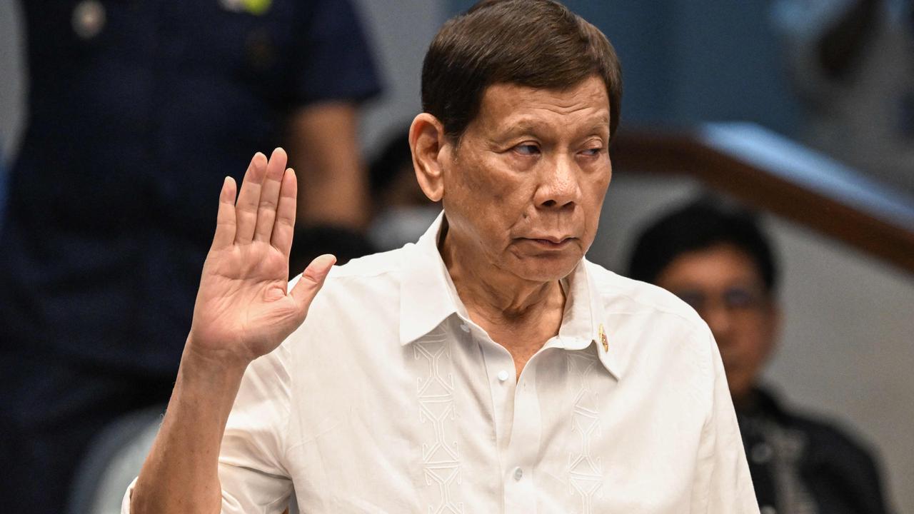 Former Philippine president Rodrigo Duterte takes an oath as he attends a senate probe on the drug war during his administration on October 28, 2024. Picture: Jam Sta Rosa/AFP