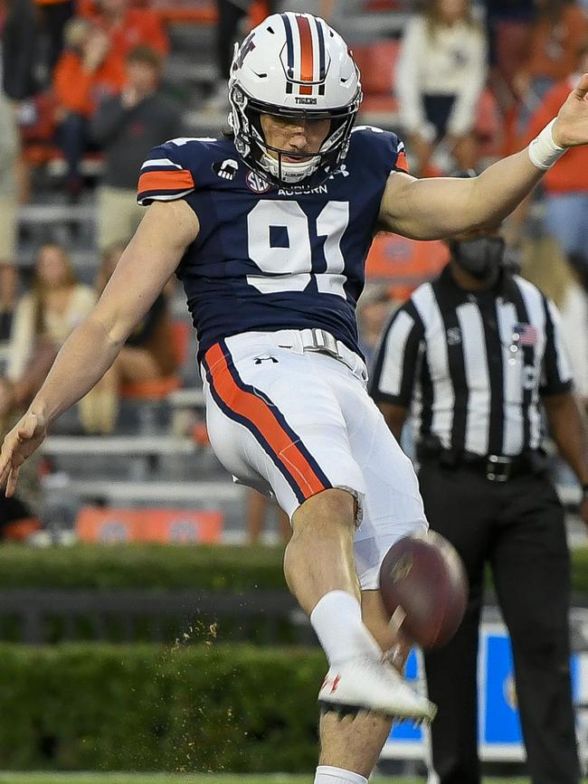 Adelaide product Oscar Chapman punting for Auburn against LSU in US college football. Picture: Todd Van Emst/AU Athletics