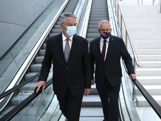 Prime Minister Scott Morrison with Mathias Cormann at the OECD headquarters in Paris. Picture: Adam Taylor/PMO