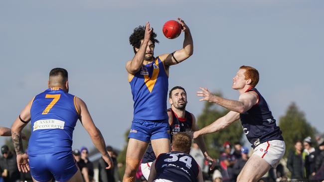 SFNL football  Division 1: Cranbourne v Springvale Districts. Kirk Dickson (Cranbourne Eagles) and John Walker (Springvale Districts). .  Picture: Valeriu Campan