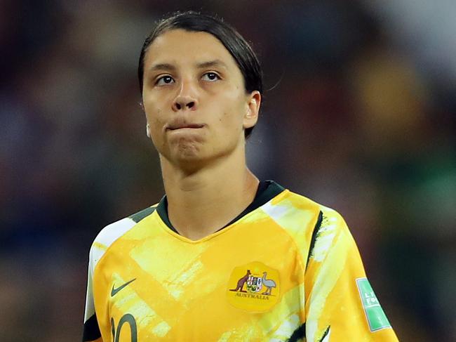 NICE, FRANCE - JUNE 22: Sam Kerr of Australia reacts after missing her team's first penalty in the penalty shoot out during the 2019 FIFA Women's World Cup France Round Of 16 match between Norway and Australia at Stade de Nice on June 22, 2019 in Nice, France. (Photo by Richard Heathcote/Getty Images)