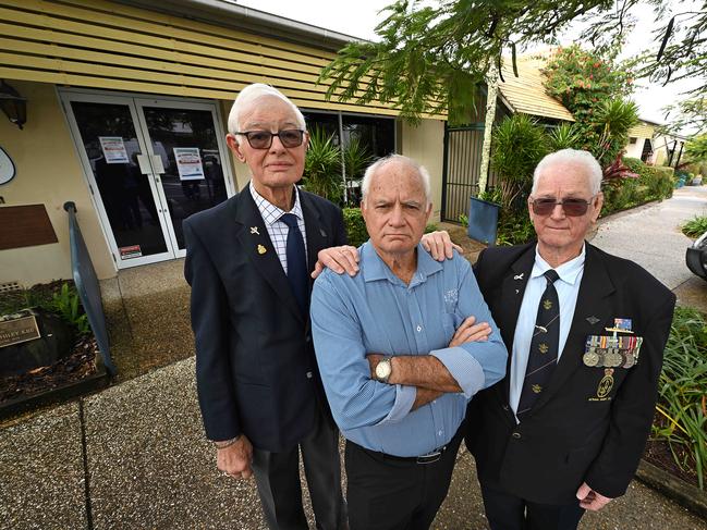 Tewantin Noosa RSL Club chairman Tim Bassett with veterans (L-R) Dean Harlow and Trevor Clarey in July. Picture: Lyndon Mechielsen / Courier Mail