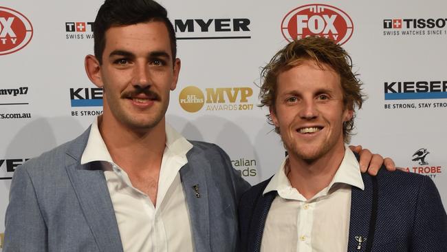 Crows skipper Taylor Walker and Rory Sloane at the AFL Players' MVP Awards. Picture: Tony Gough