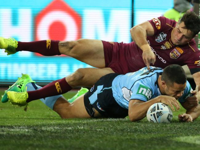 Jarryd Hayne of the Blues scores a try in Game II. Picture: AAP