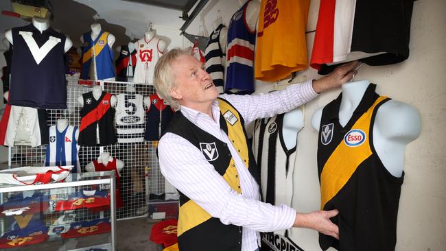 Footy jumper enthusiast Wayne Jordan sporting Emmett Dunne’s lace-up. Picture: David Caird