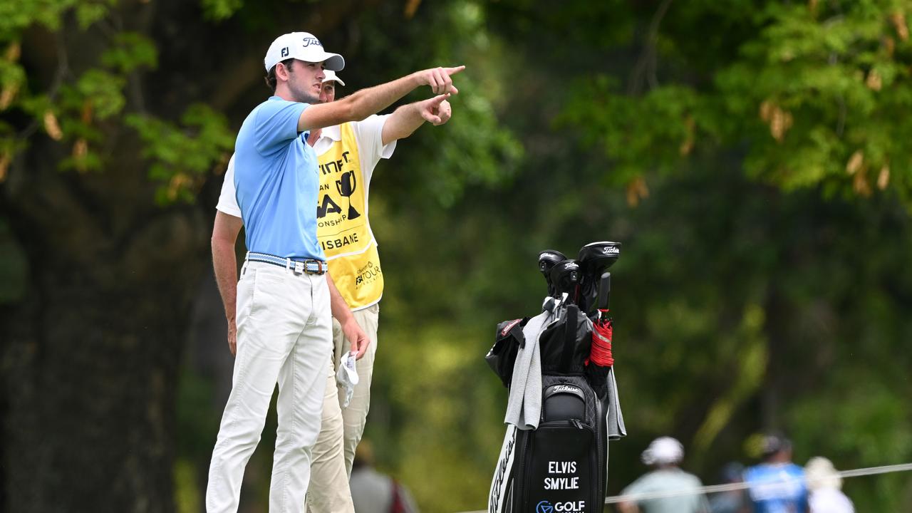 Elvis Smylie talks with his caddy at the 2023 Australian PGA Championship at Royal Queensland Golf Club. Photo: Getty Images