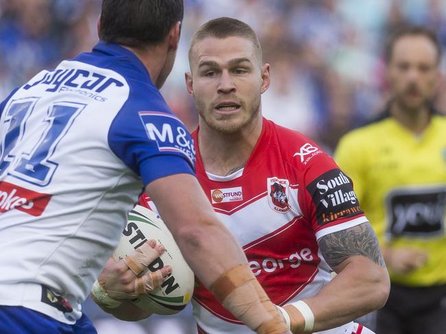 Euan Aitken of the Dragons during the Round 14 NRL match between the Canterbury-Bankstown Bulldogs and the St George-Illawarra Dragons at ANZ Stadium in Sydney, Monday, June 11, 2018. (AAP Image/Craig Golding) NO ARCHIVING, EDITORIAL USE ONLY