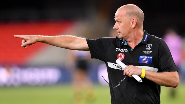 Hinkley coaching the Power against Gold Coast in round one. Picture: AAP Image/Darren England