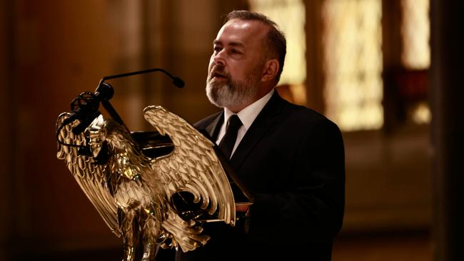 Andrew Landeryou, the husband of Kimberley Kitching, delivers the eulogy at his wife’s funeral on Monday. Picture: NCA NewsWire / David Geraghty